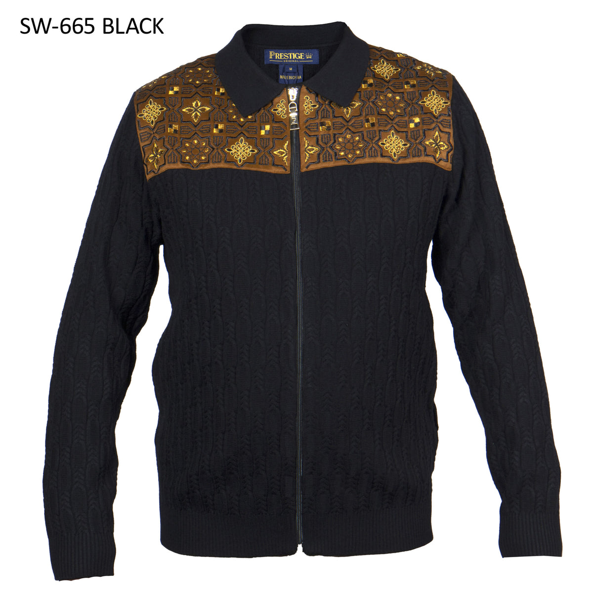 Prestige SW-665 men's black full-zip sweater with gold embroidered yoke