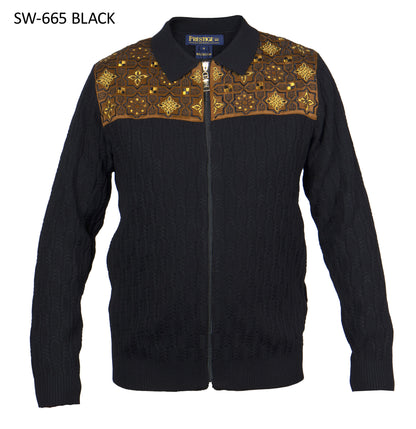 Prestige SW-665 men's black full-zip sweater with gold embroidered yoke
