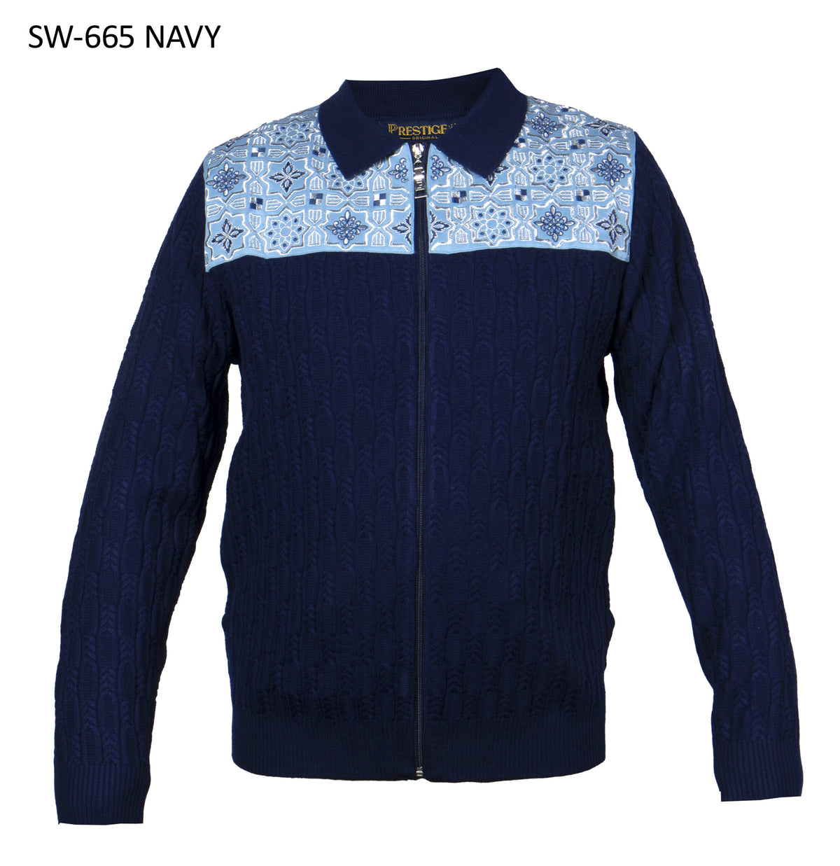 Prestige SW-665 men's navy full-zip sweater with light blue embroidered yoke