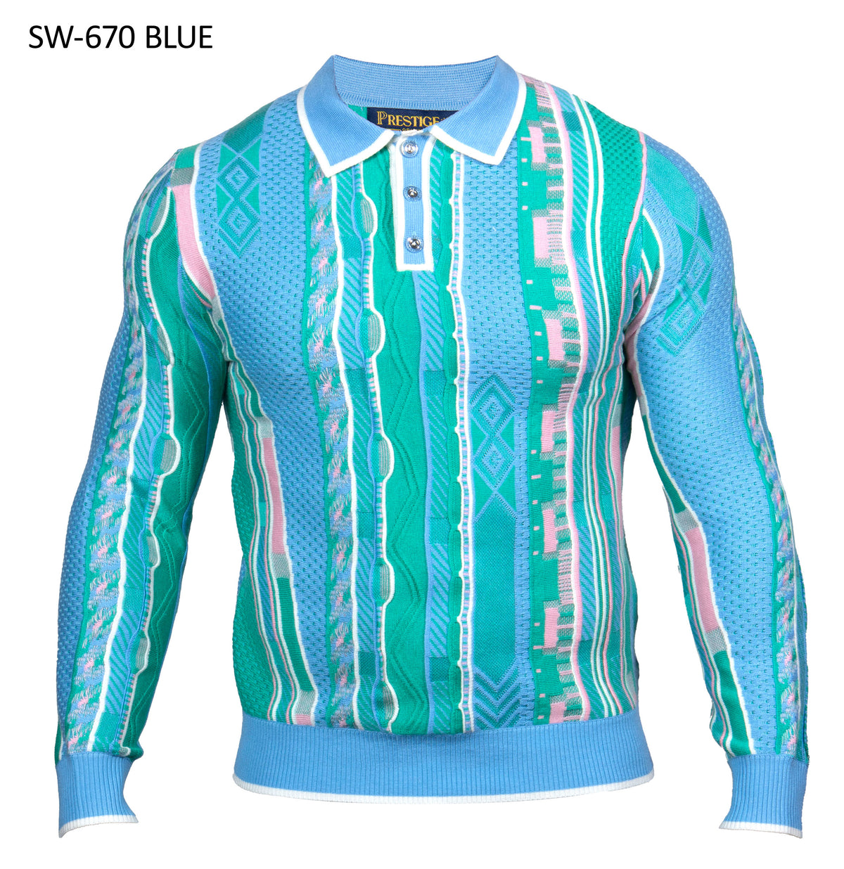 Prestige SW-670 men's blue textured knit polo sweater