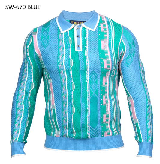 Prestige SW-670 men's blue textured knit polo sweater