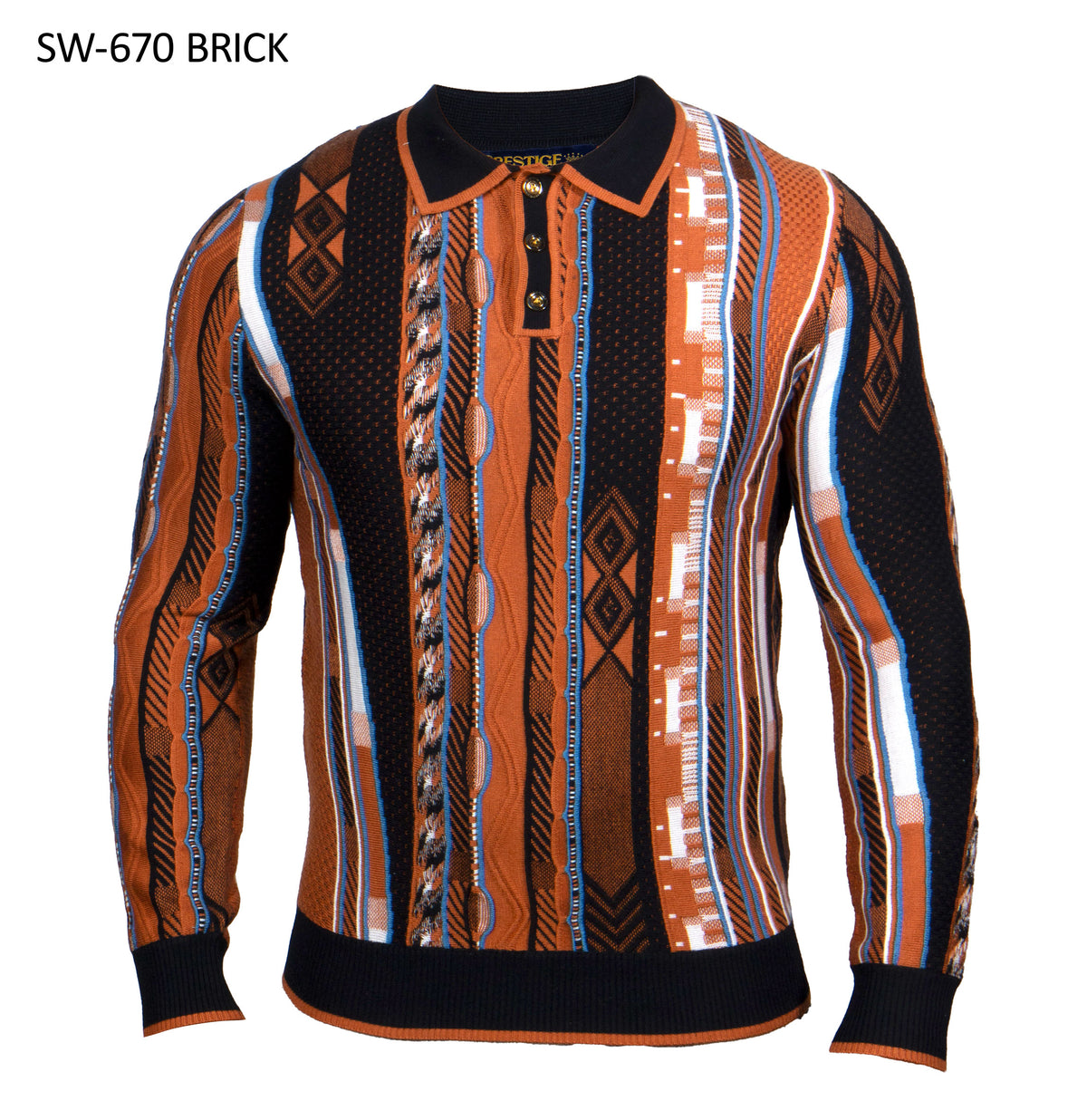 Prestige SW-670 men's brick and black textured knit polo sweater