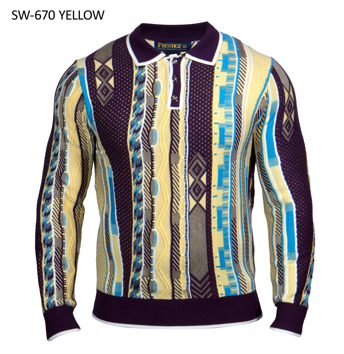 Prestige SW-670 men's yellow and purple textured knit polo sweater