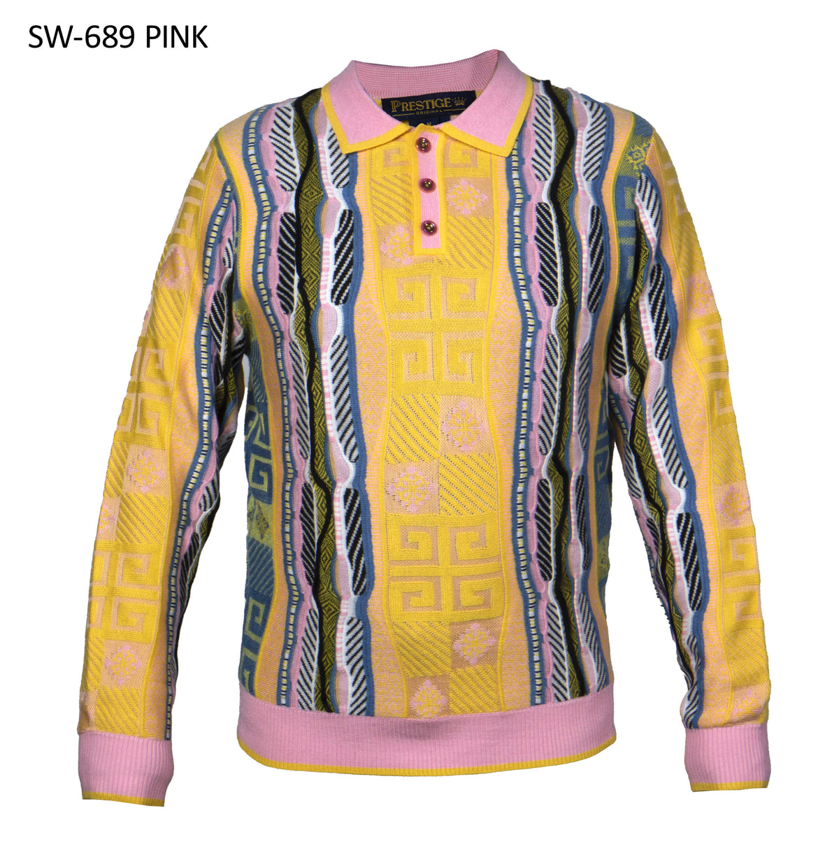 Prestige SW-689 men's pink and yellow Greek key polo sweater