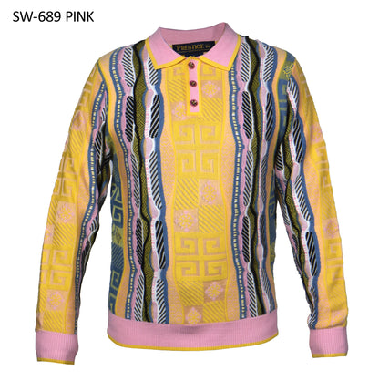 Prestige SW-689 men's pink and yellow Greek key polo sweater
