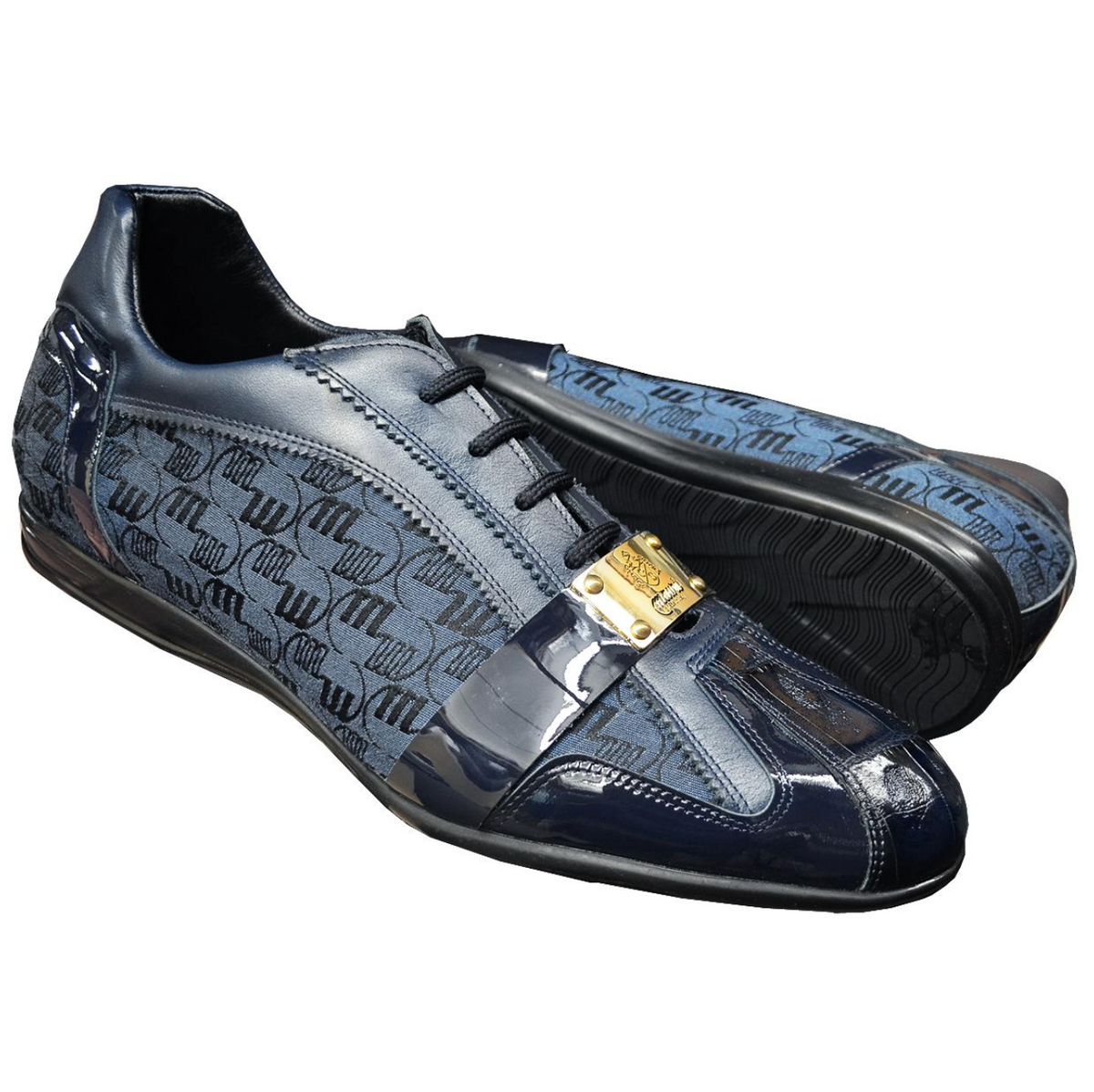 Mauri 8665 Wonder Blue Genuine Crocodile Patent Leather Fabric Sneakers - Dudes Boutique