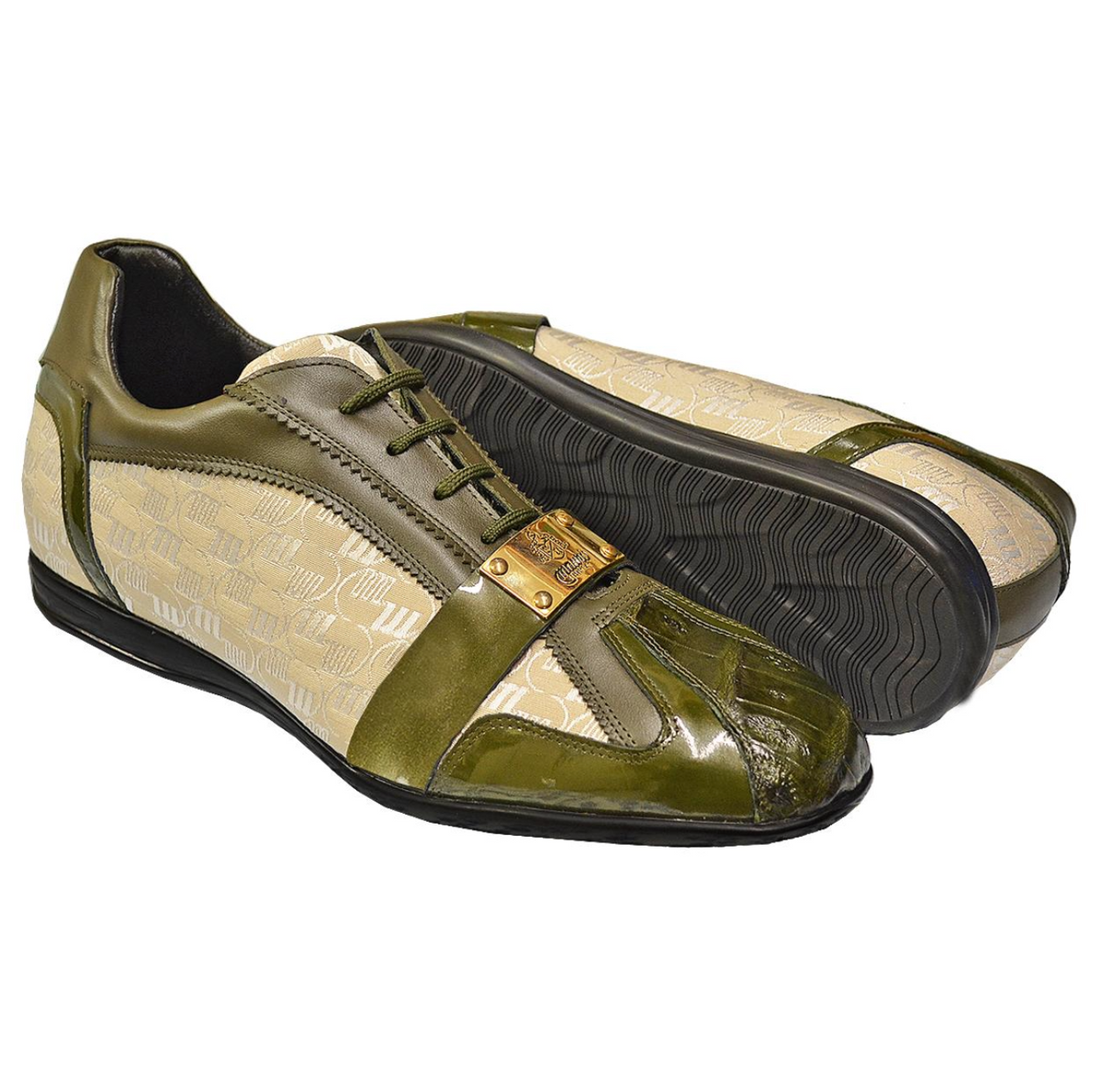 Mauri 8665 Olive Green Genuine Crocodile Patent Leather Fabric Sneakers - Dudes Boutique