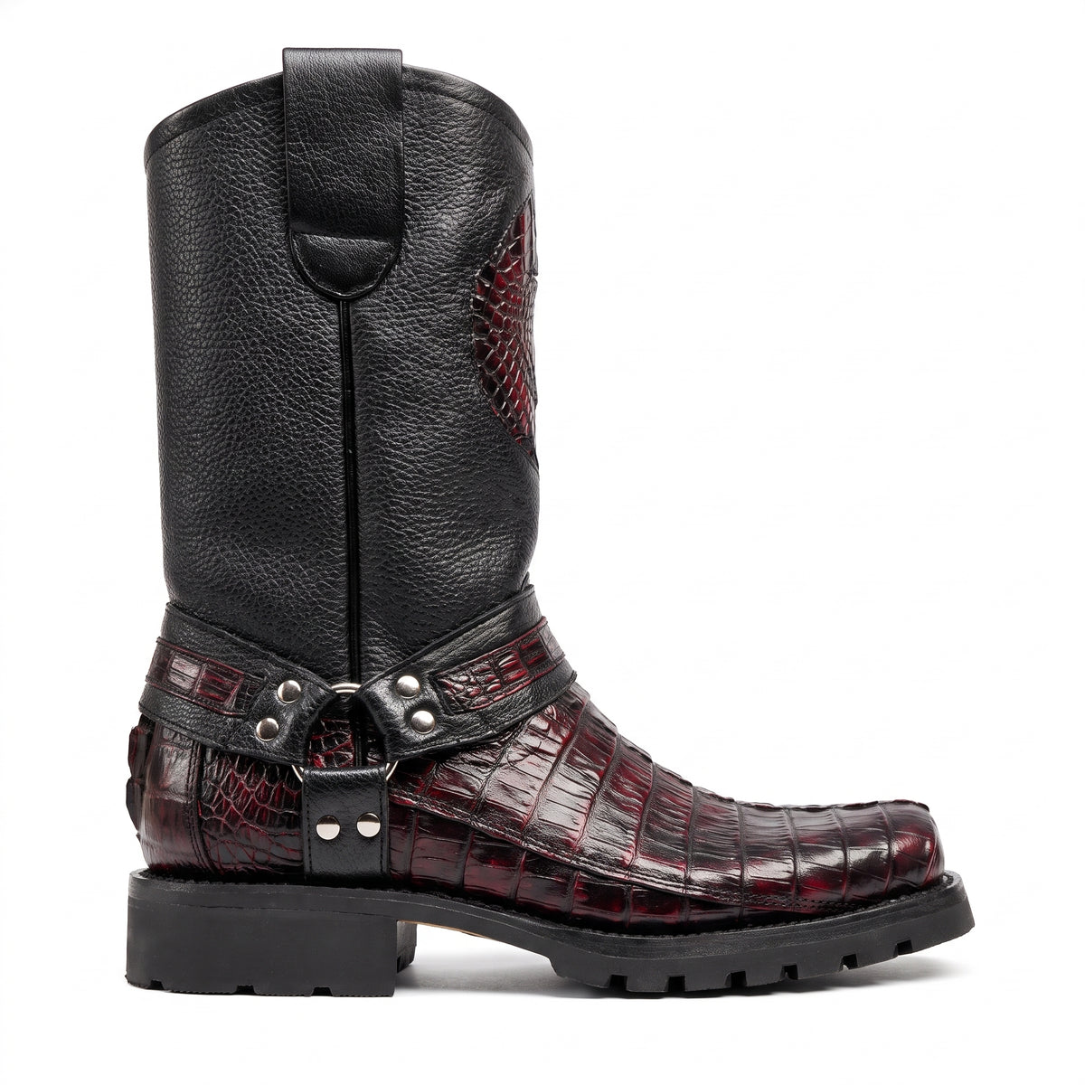 Los Altos Black Cherry Harness Crocodile Biker Boots