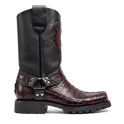 Los Altos Black Cherry Harness Crocodile Biker Boots