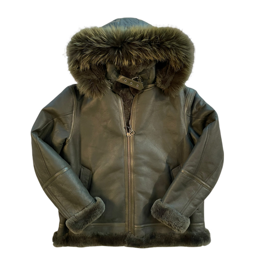 Kashani Olive Green Fox Fur Hooded Aviator Shearling Jacket - Dudes Boutique