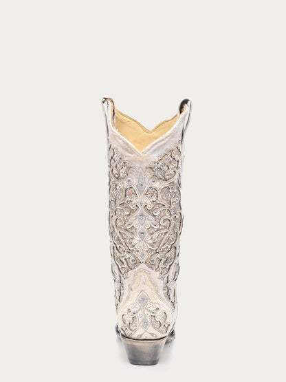 Corral Women’s White Glittered Inlay and Crystal Snip-Toe Wedding Cowboy Boot