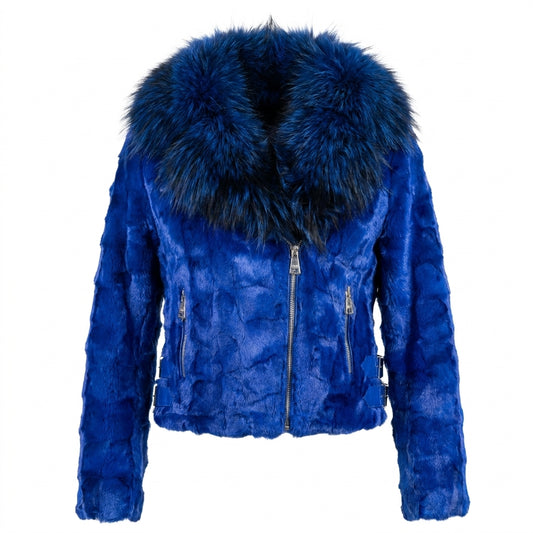 Kashani Ladies Royal Blue Diamond Cut Mink Jacket with Fox Fur Collar