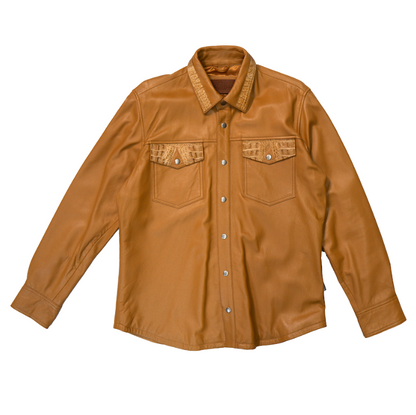 Kashani buttercup lambskin button up shirt with crocodile trim