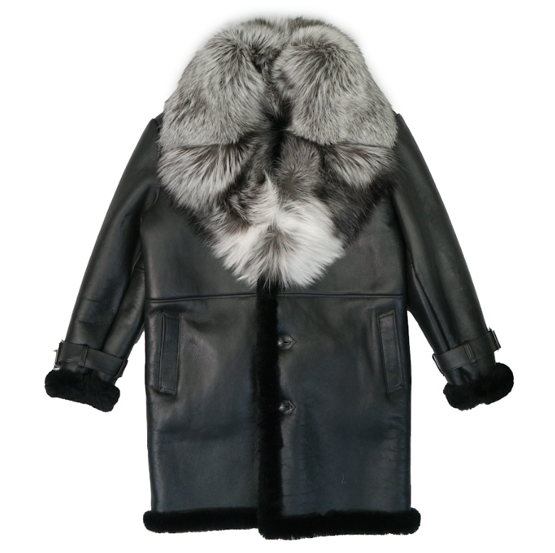 Kashani Silver Fox Fur Black Shearling Trench Coat - Dudes Boutique