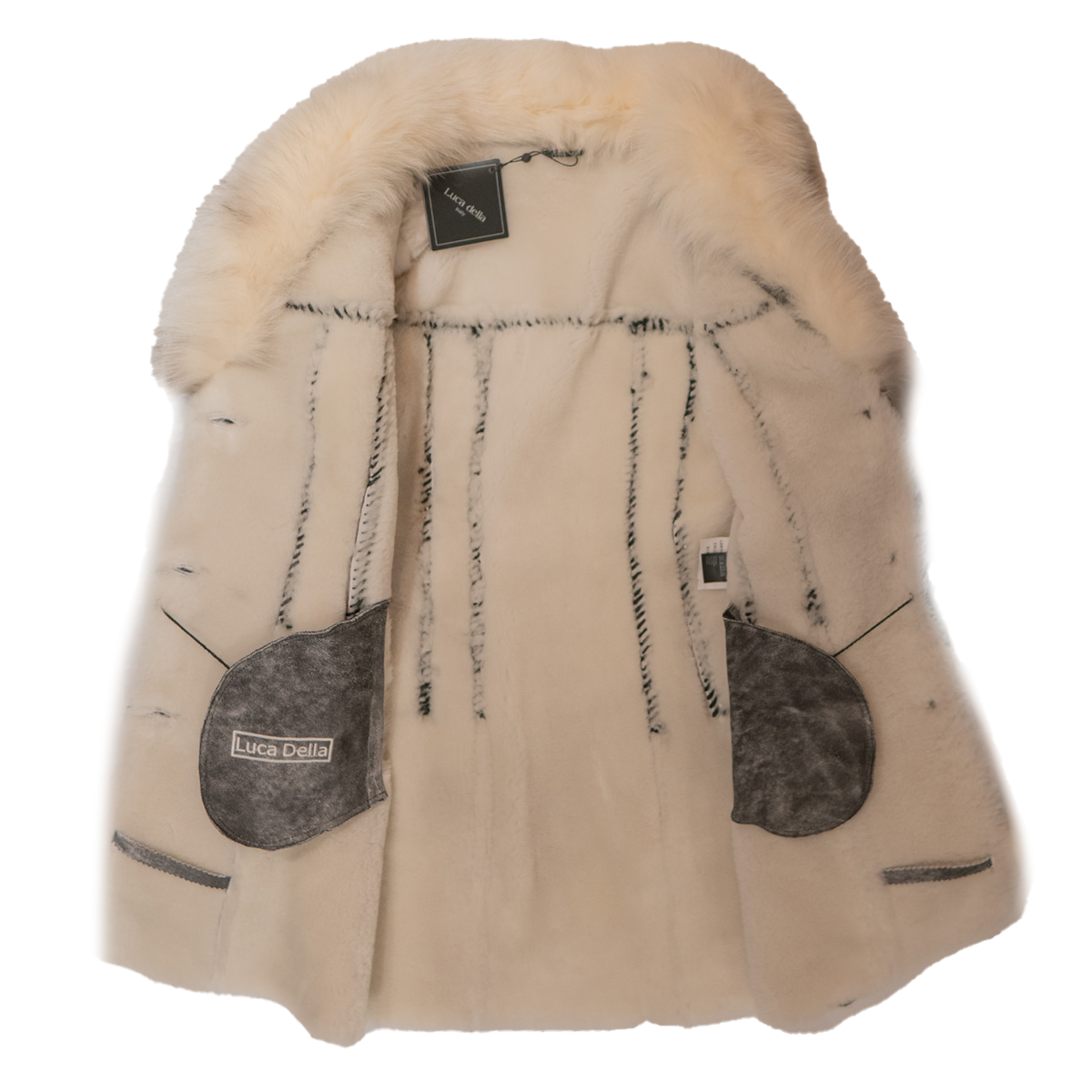 Kashani women's distressed grey shearling coat with arctic fox fur