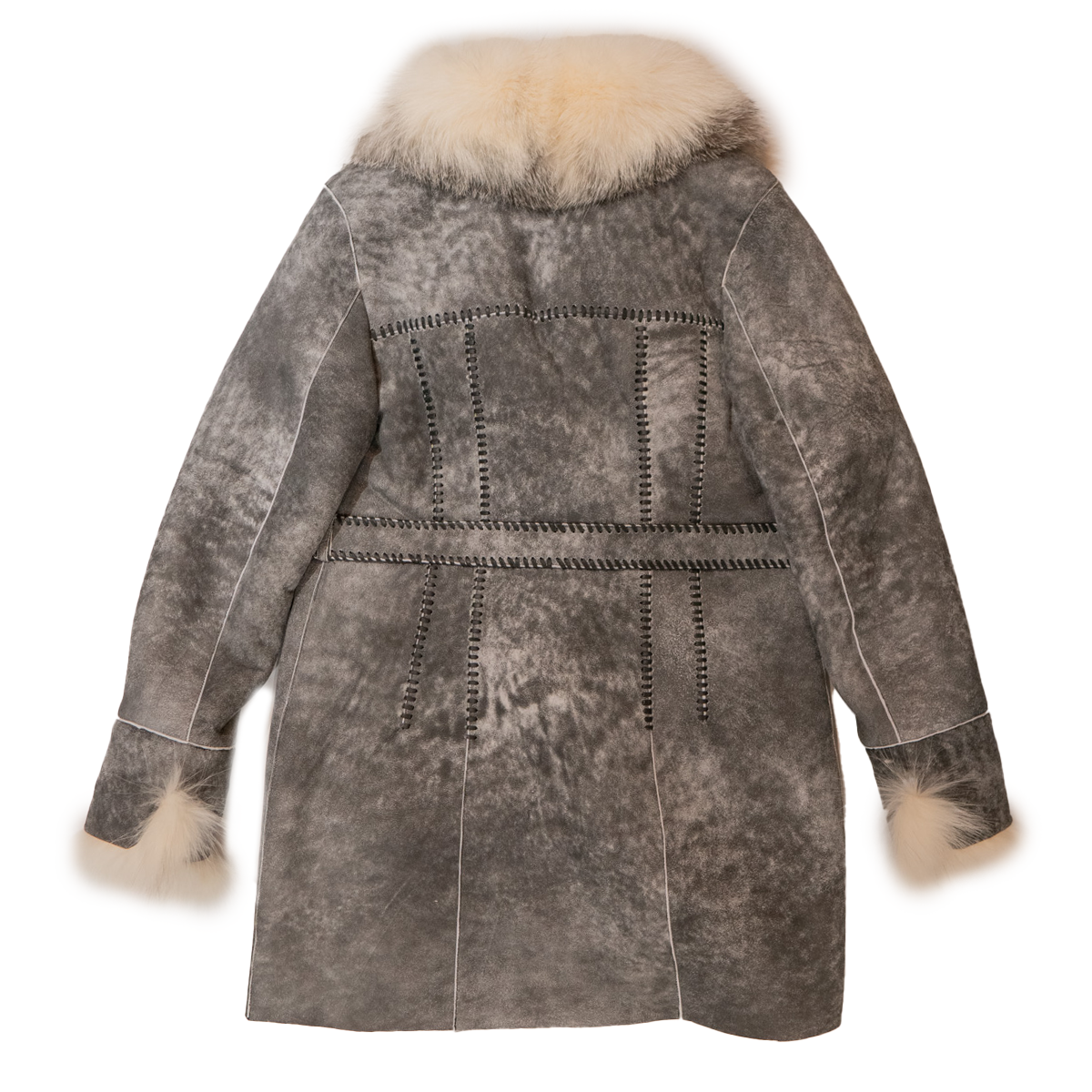 Kashani women's distressed grey shearling coat with arctic fox fur