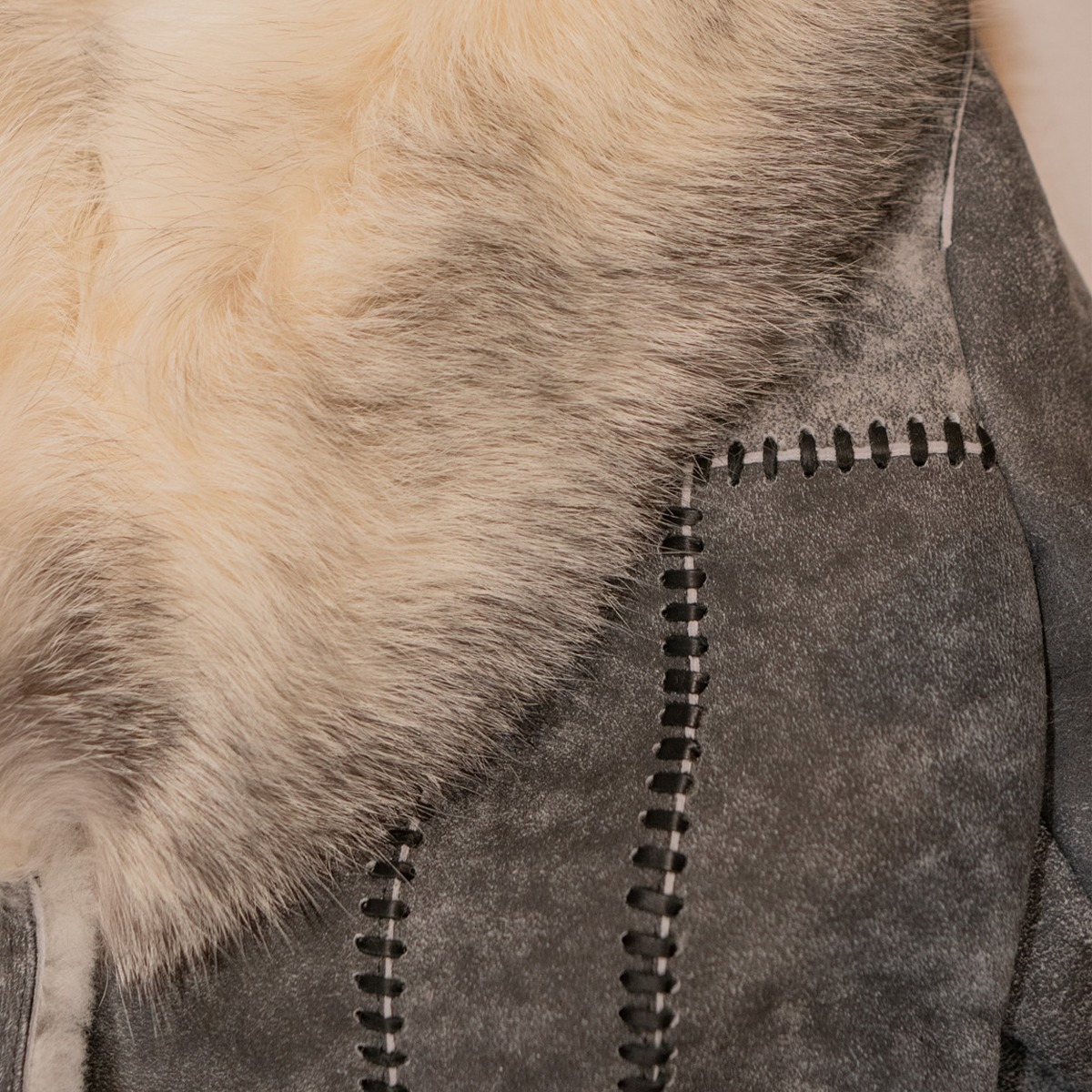 Kashani women's distressed grey shearling coat with arctic fox fur