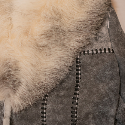 Kashani women's distressed grey shearling coat with arctic fox fur