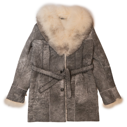Kashani women's distressed grey shearling coat with arctic fox fur