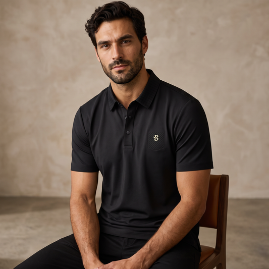 Textured Collar Performance Polo – El Baron BLACK