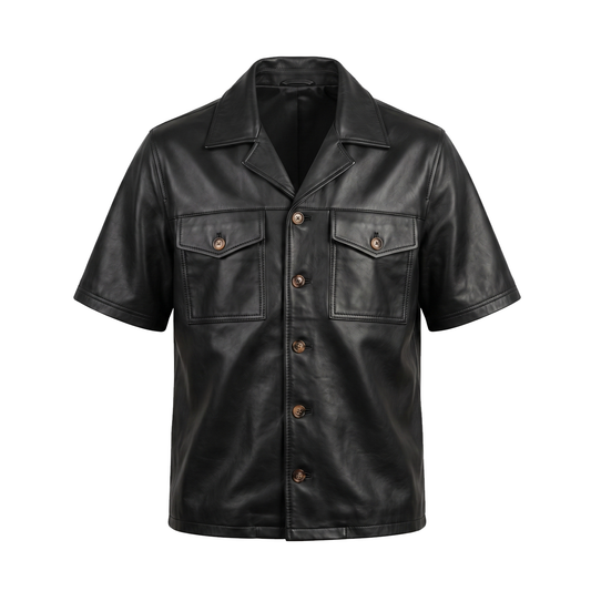 Kashani Black Lambskin Leather Cuban Collar Shirt