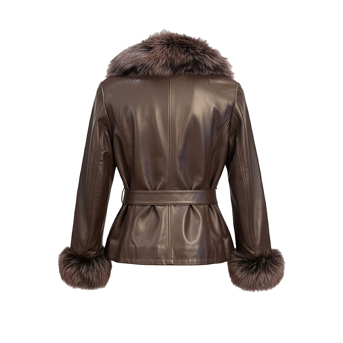Barya NewYork ladies oversize brown lambskin jacket with fox fur collar
