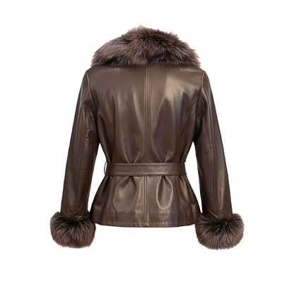 Barya NewYork ladies oversize brown lambskin jacket with fox fur collar