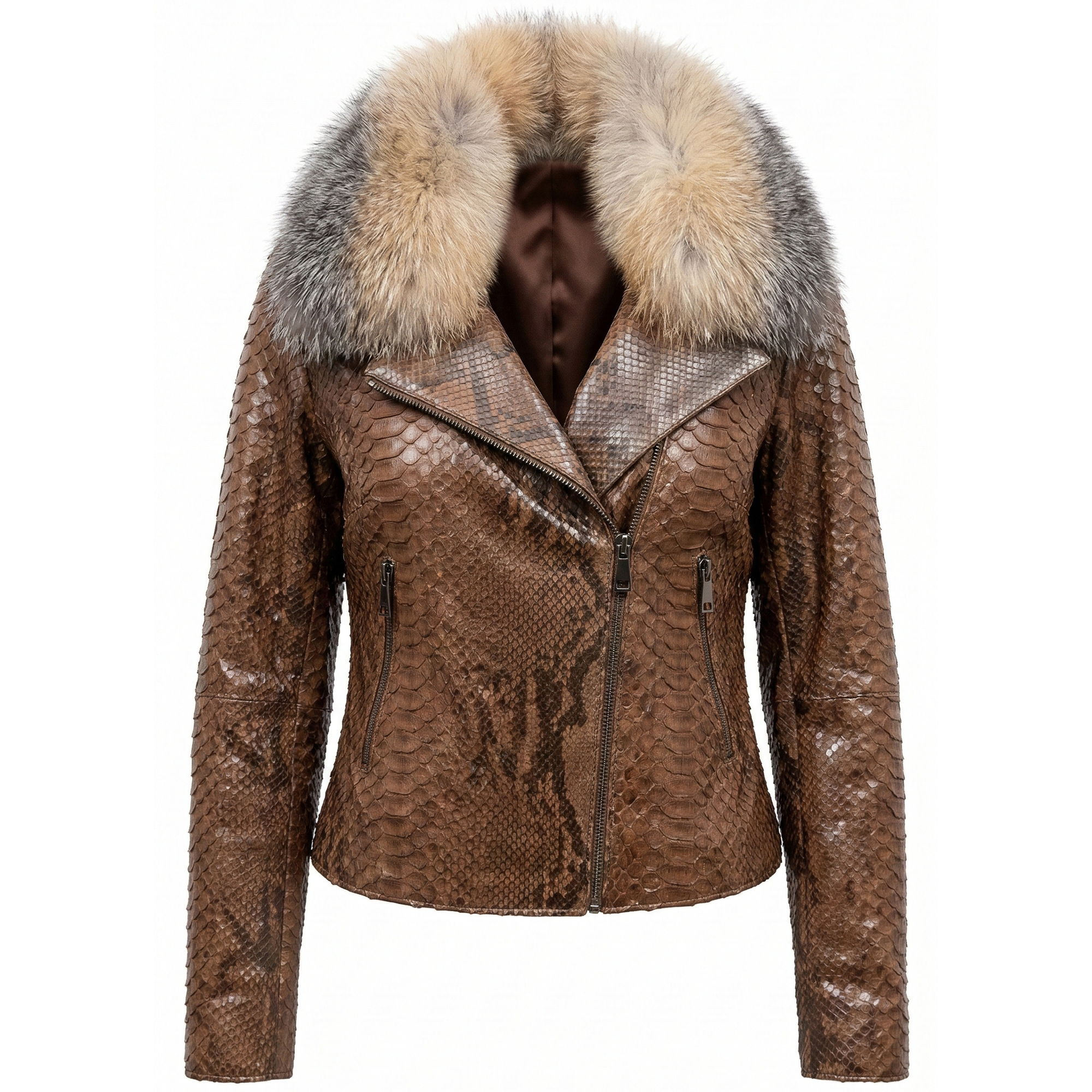 Barya NewYork Women's Natural Brown Python Biker Jacket w/ Crystal Fox Collar