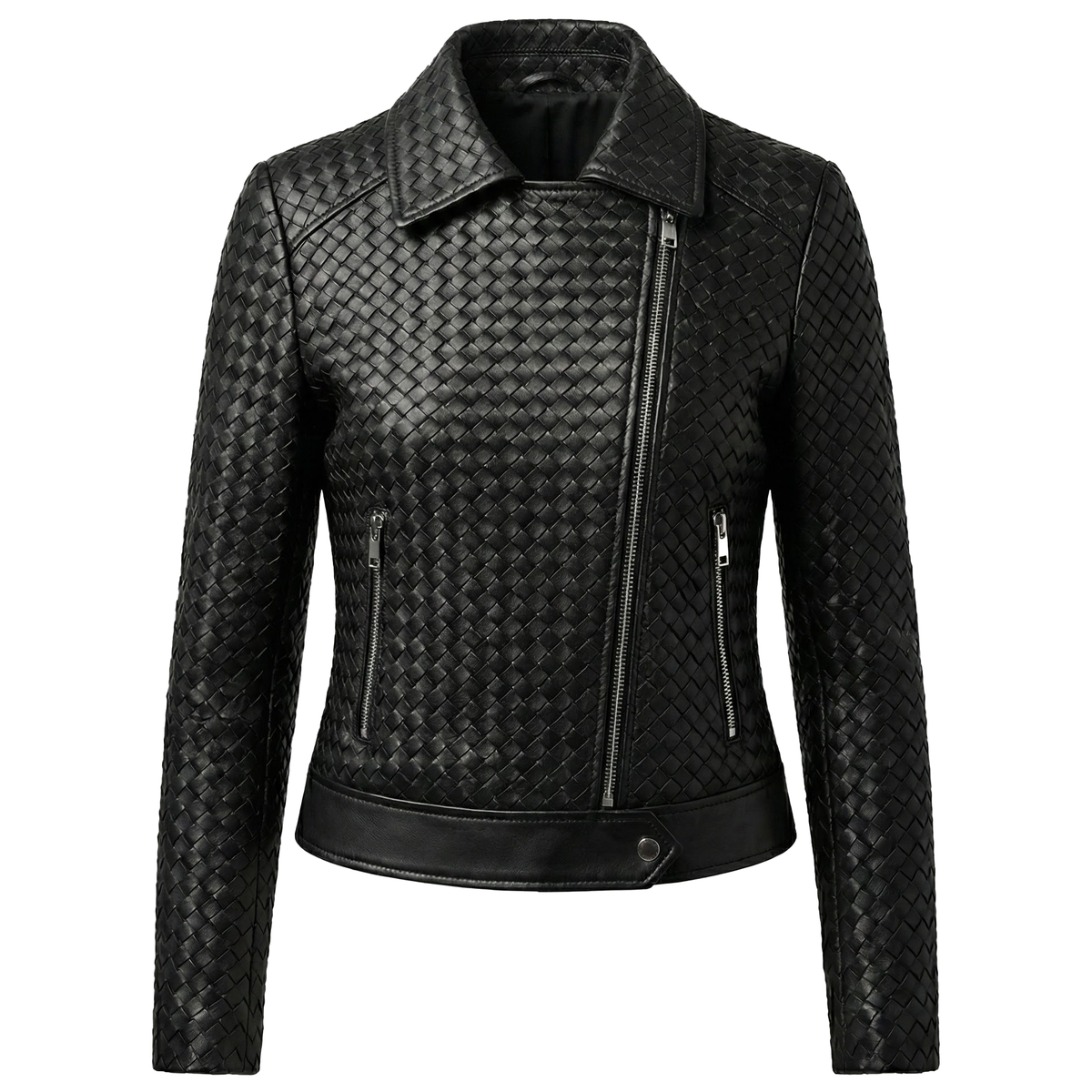 Emelda women's handwoven leather biker jacket