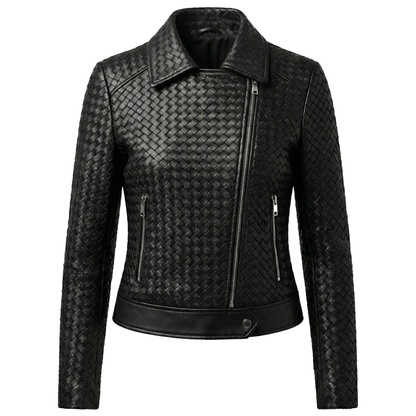 Emelda women's handwoven leather biker jacket