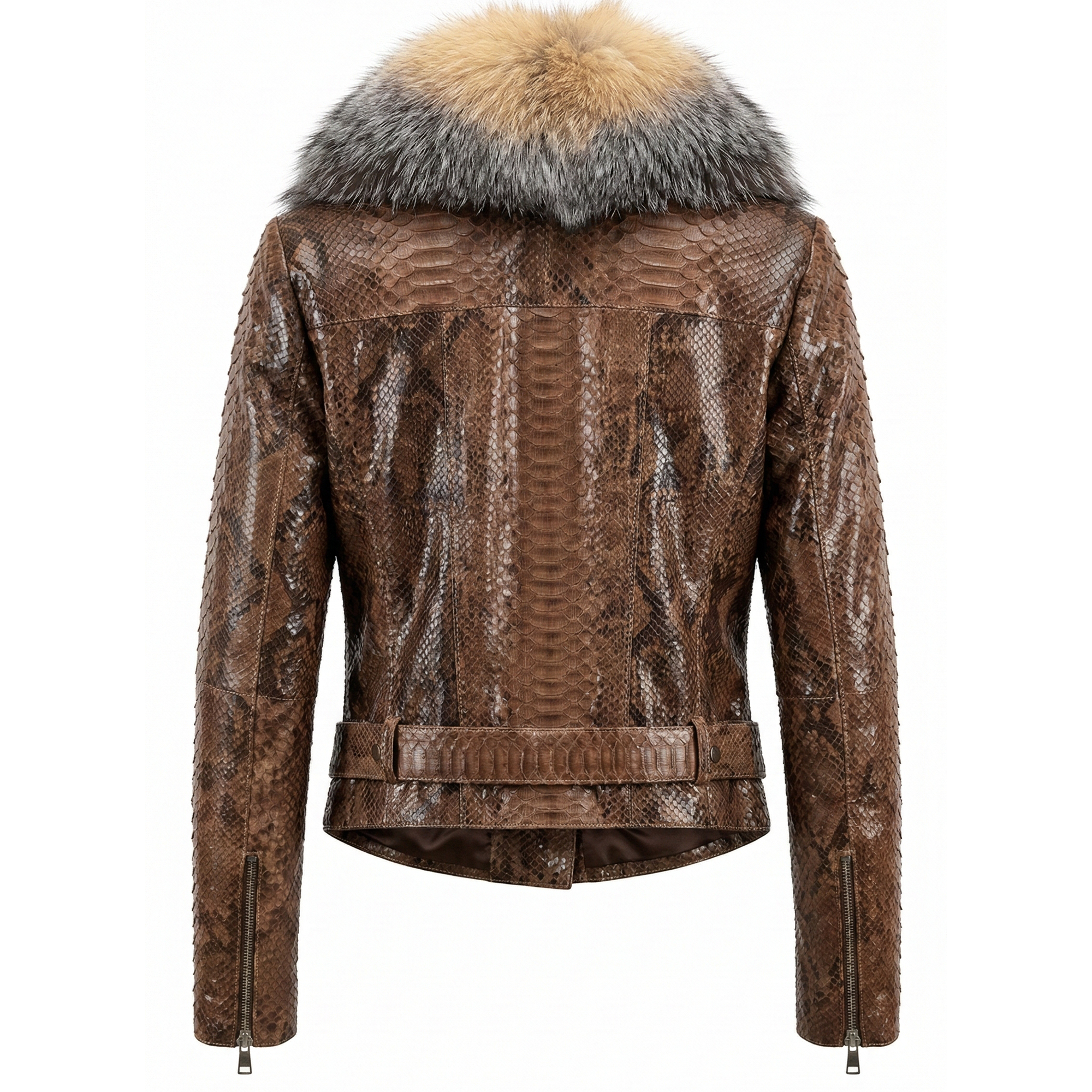 Barya NewYork Women's Natural Brown Python Biker Jacket w/ Crystal Fox Collar