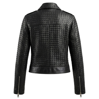 Emelda women's handwoven leather biker jacket