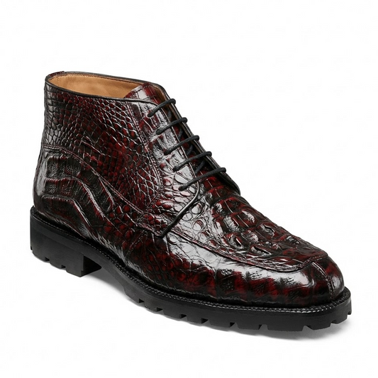 Los Altos Black Cherry Hornback All-Over Crocodile Lace Up Ankle Boots