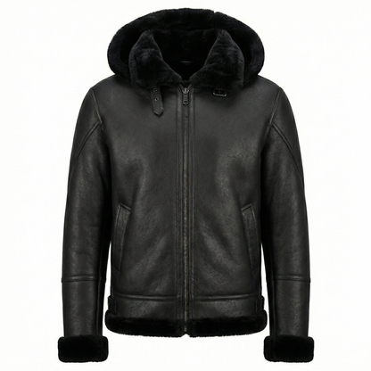 Kashani Black Shearling Hooded Jacket w/Detachable Hood