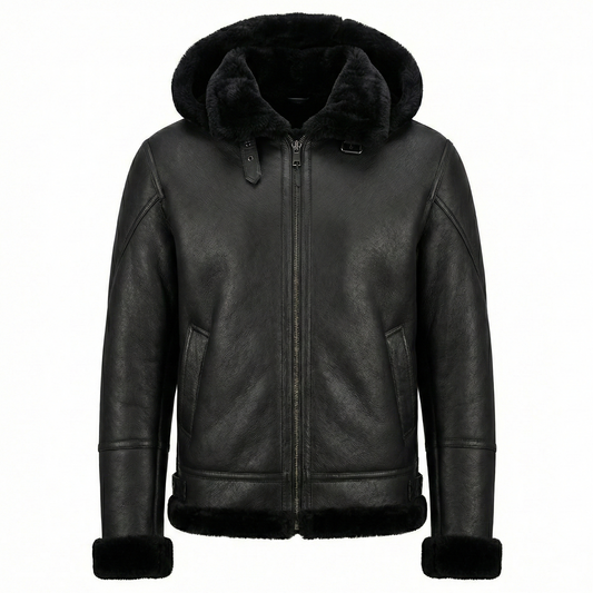 Kashani Black Shearling Hooded Jacket w/Detachable Hood