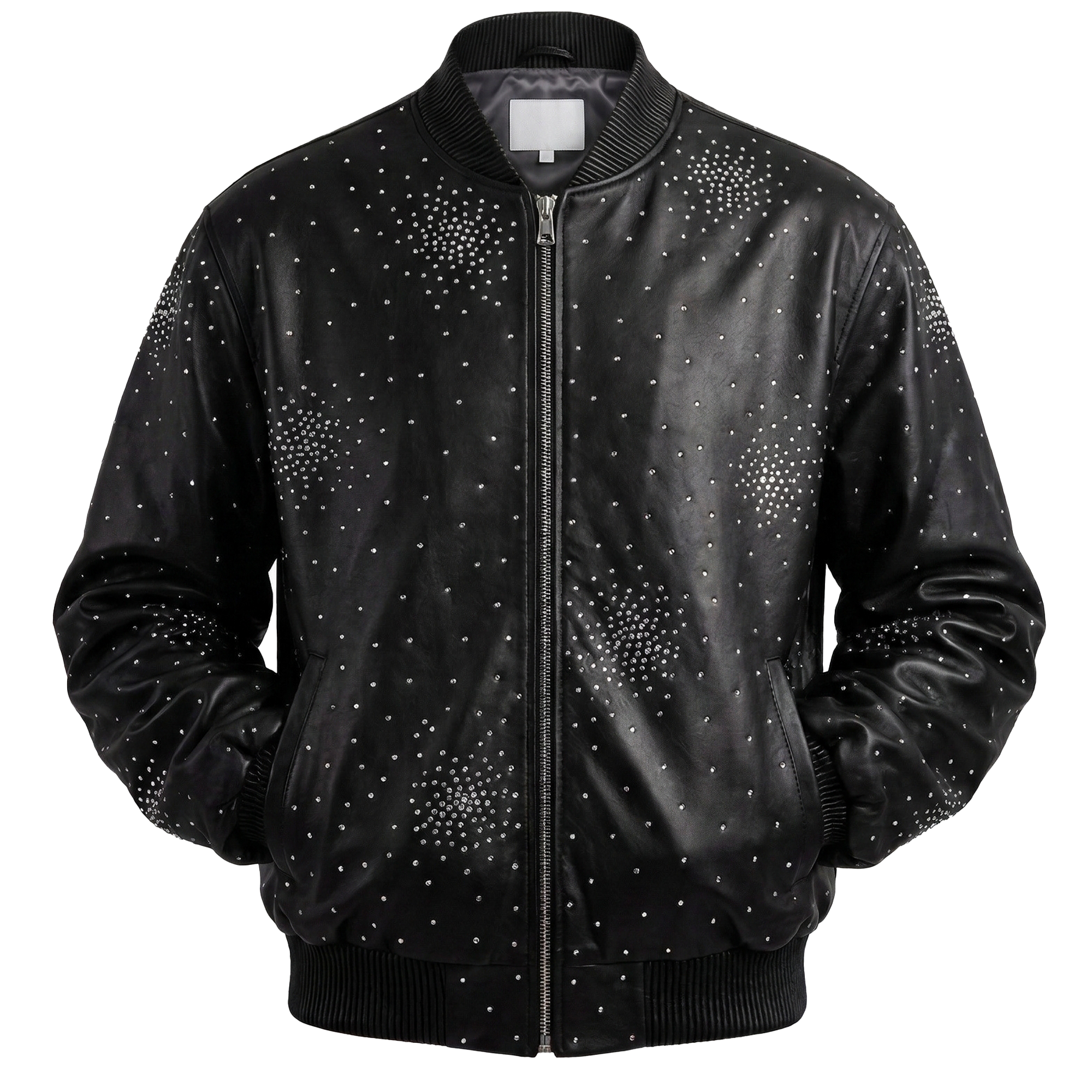 Kashani Black Studded Lambskin Leather Bomber Jacket