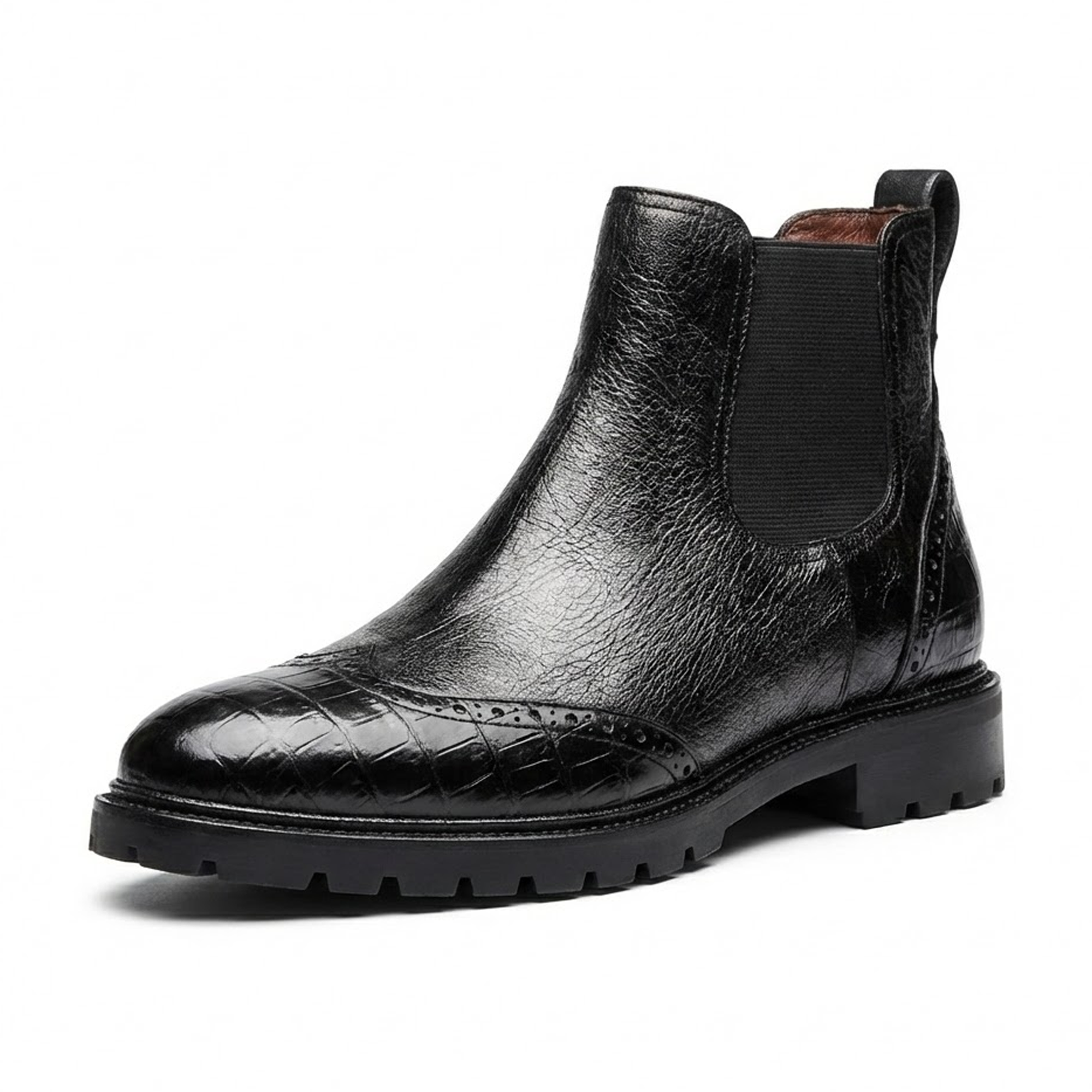 Lombardy Black Smooth Ostrich / Crocodile Tractor Sole Chelsea Boots