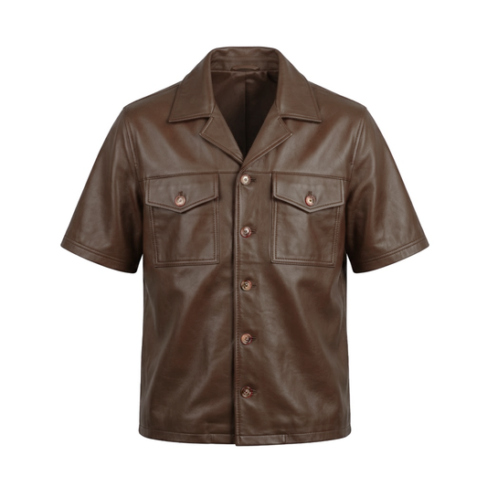 Kashani Brown Lambskin Leather Cuban Collar Shirt