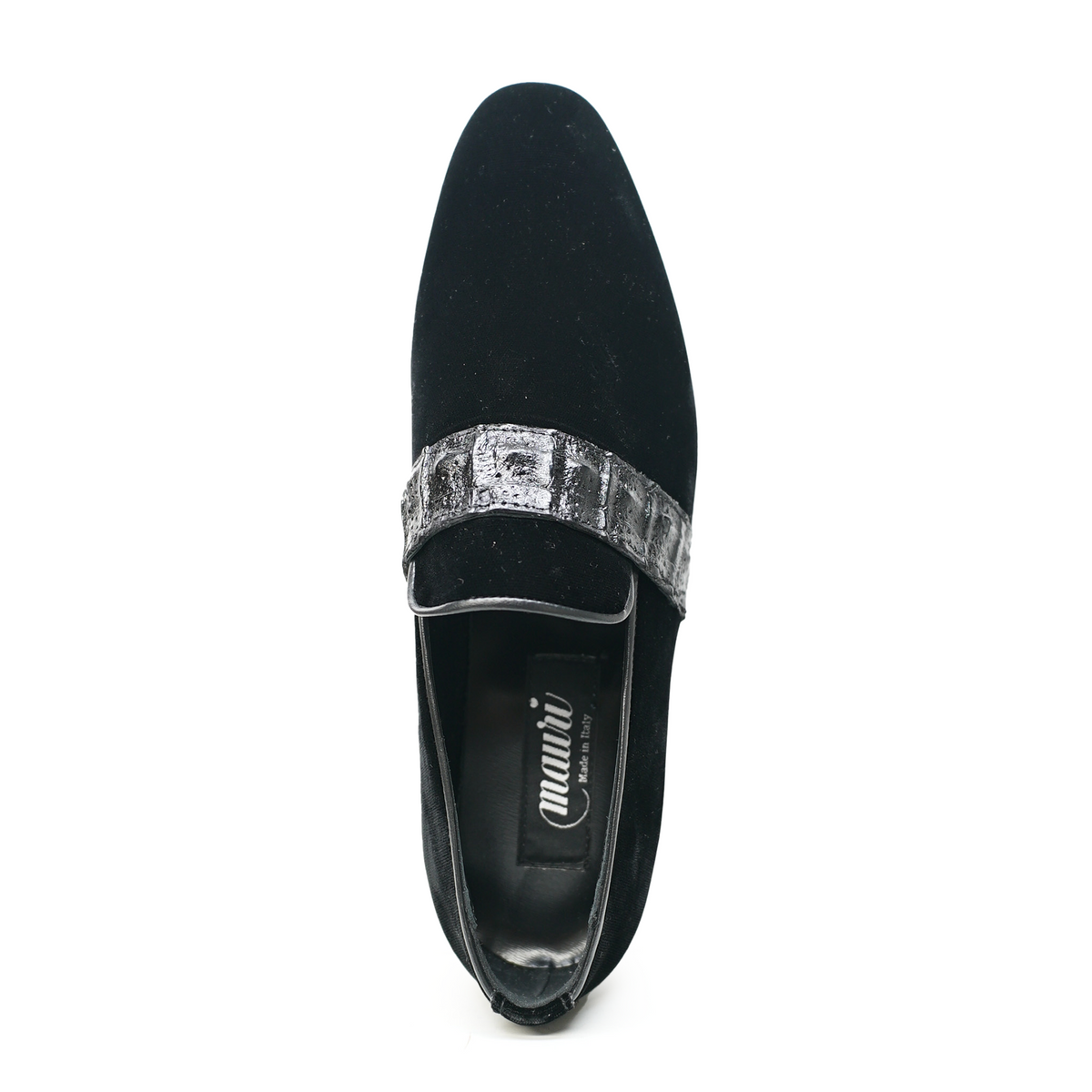 Mauri 4709 black velvet and caiman crocodile loafers