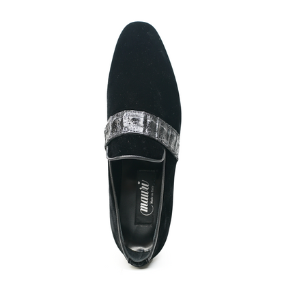 Mauri 4709 black velvet and caiman crocodile loafers