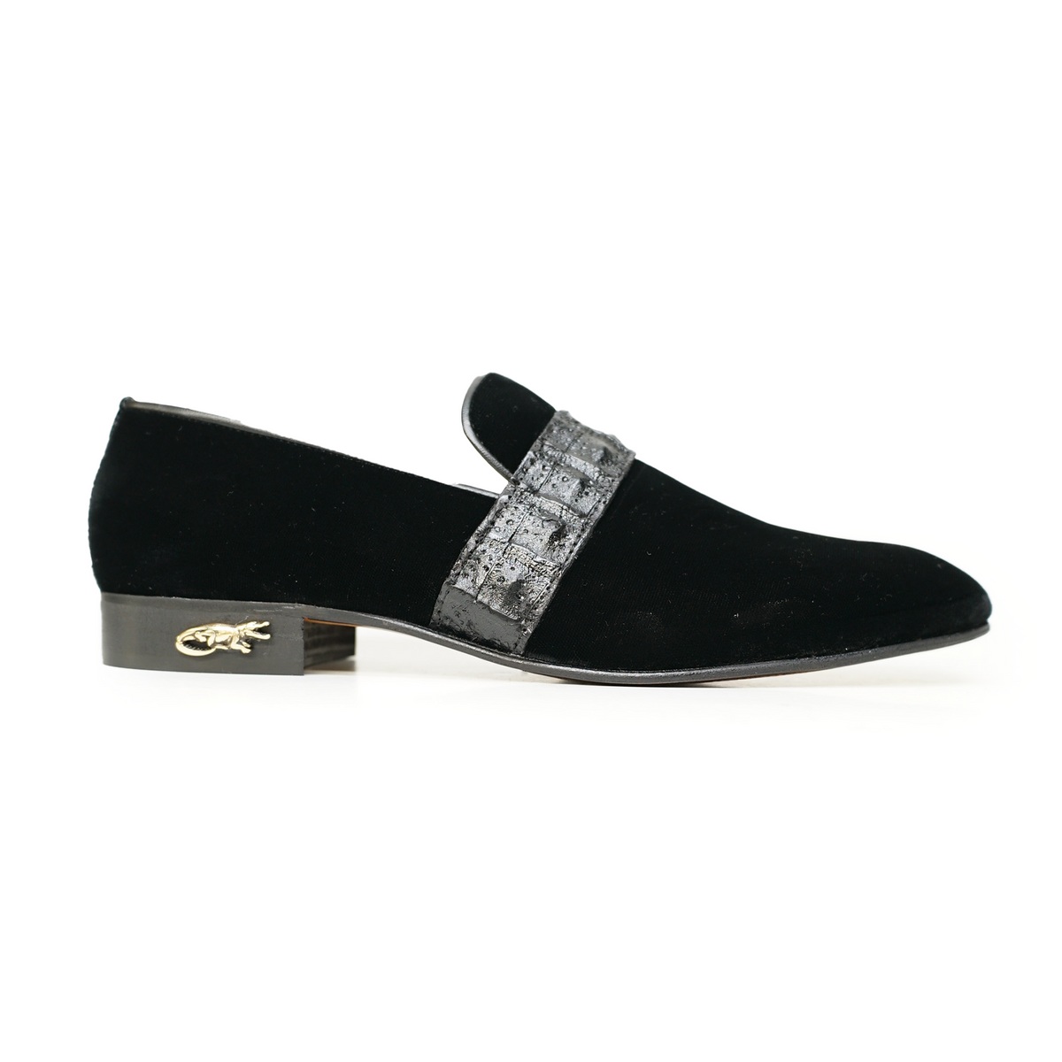 Mauri 4709 black velvet and caiman crocodile loafers