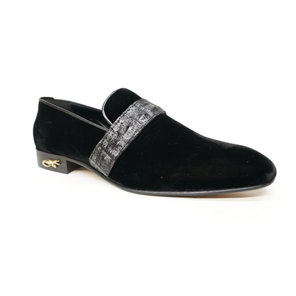 Mauri 4709 black velvet and caiman crocodile loafers