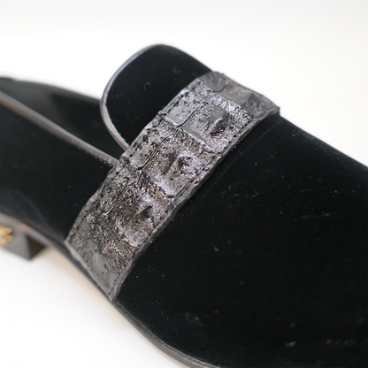 Mauri 4709 black velvet and caiman crocodile loafers