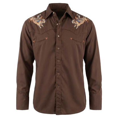 Scully Men’s Brown Embroidered Rodeo Bronco Western Shirt