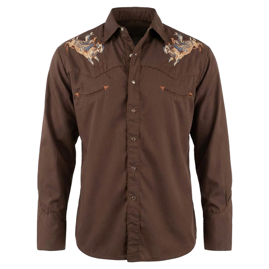 Scully Men’s Brown Embroidered Rodeo Bronco Western Shirt