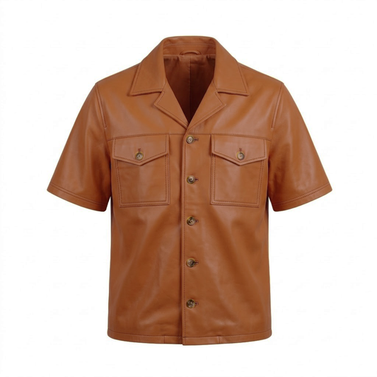 Kashani Brick Lambskin Leather Cuban Collar Shirt