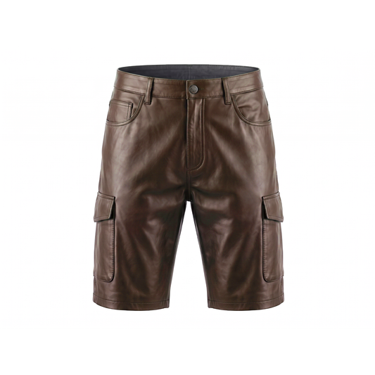 Kashani Brown Lambskin Leather Cargo Shorts