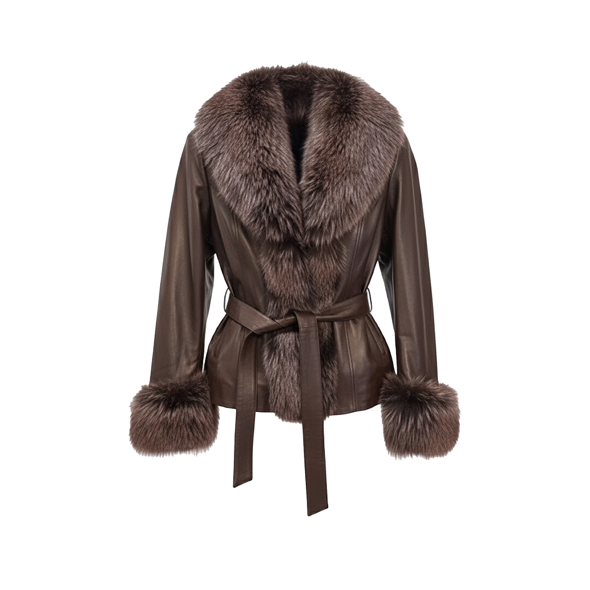 Barya NewYork Ladies Oversize Fox Collar Brown Lambskin Jacket