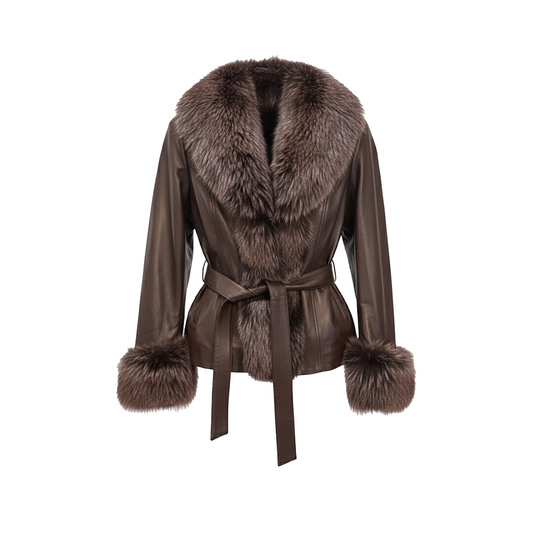 Barya NewYork Ladies Oversize Fox Collar Brown Lambskin Jacket