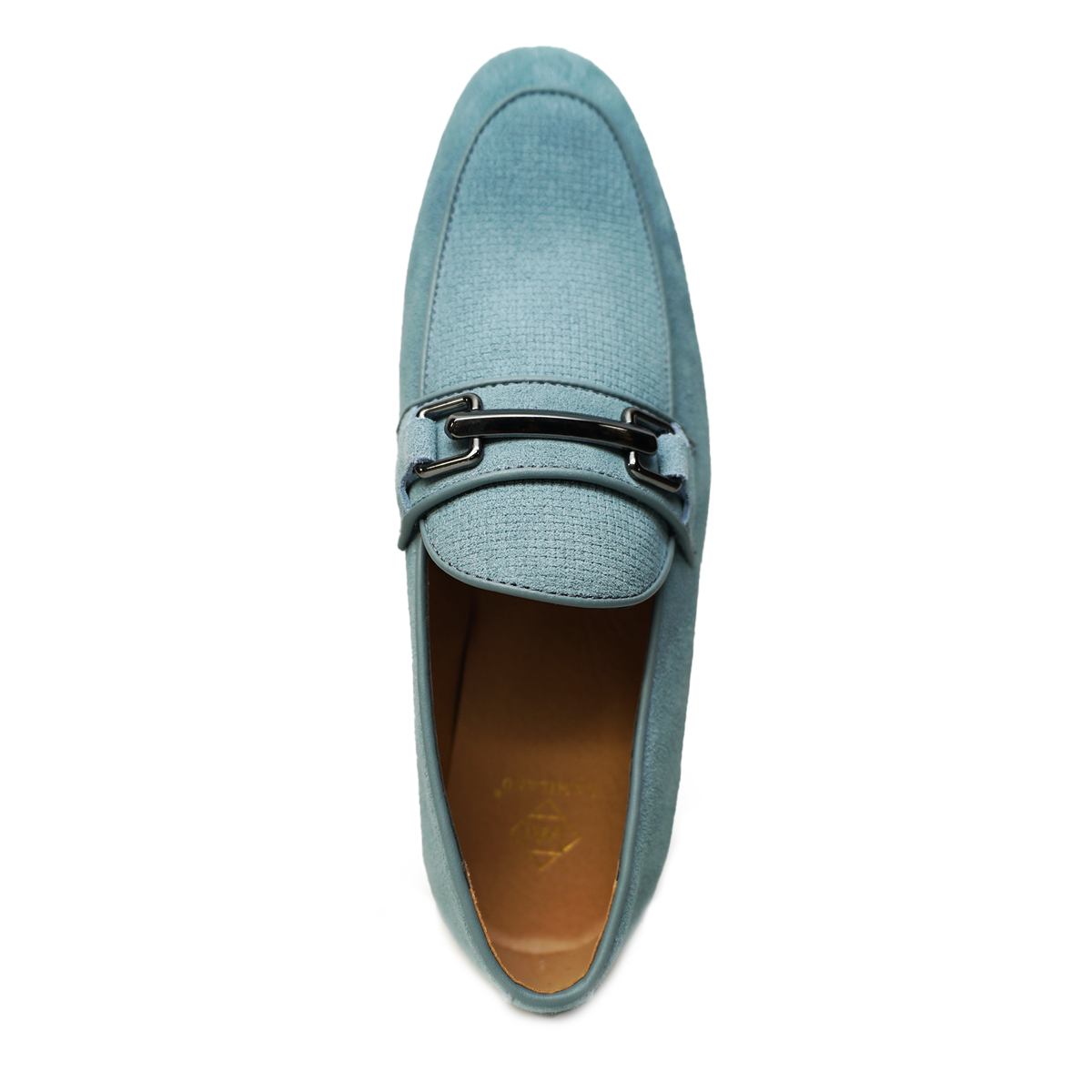 Faranzi men's powder blue suede bit loafers with gunmetal horsebit